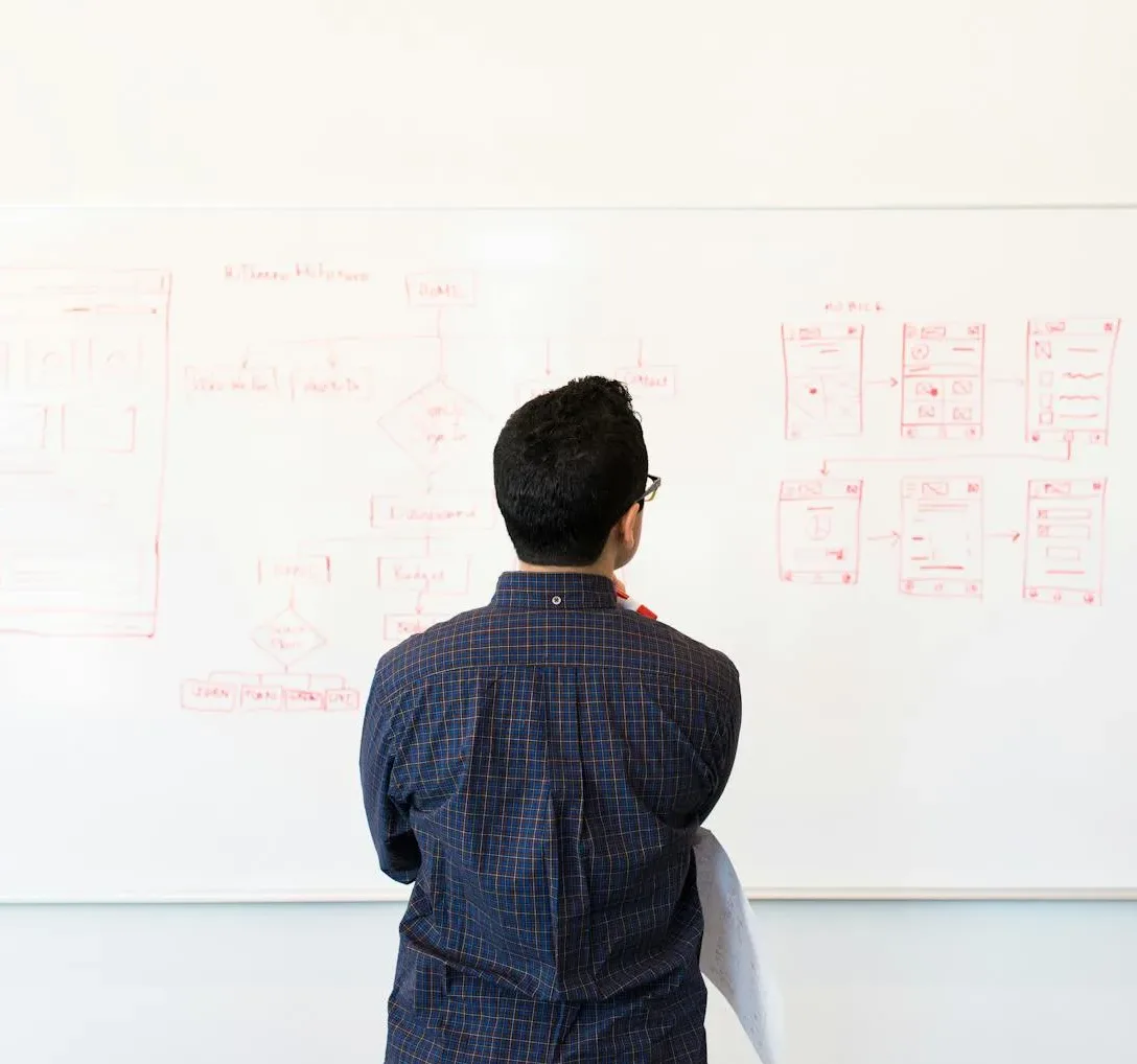 Man Wearing Blue Dress Shirt Facing Whiteboard