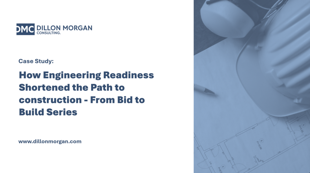 Blueprints and hard hat with text overlay.